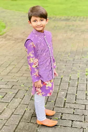 Floral Kurta With Thread Work Jacket And Pyjama