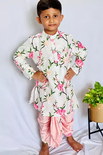 White Embroidered Floral Kurta with Dhoti