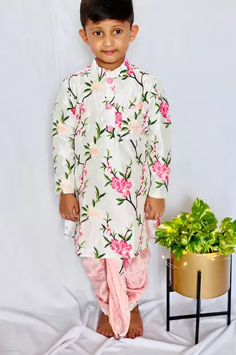 White Embroidered Floral Kurta with Dhoti