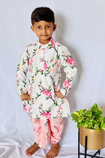 White Embroidered Floral Kurta with Dhoti