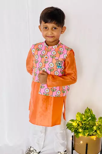 Flower Print Jacket with Kurta and Pajama
