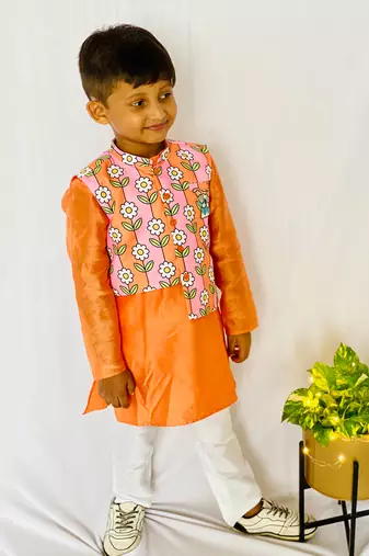 Flower Print Jacket with Kurta and Pajama