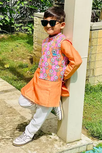 Flower Print Jacket with Kurta and Pajama