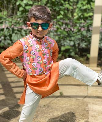 Flower Print Jacket with Kurta and Pajama 7