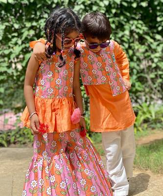Flower Print Jacket with Kurta and Pajama 9