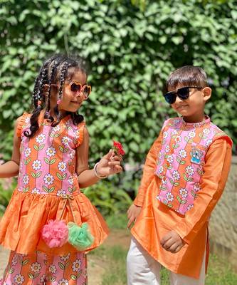 Flower Print Jacket with Kurta and Pajama 10