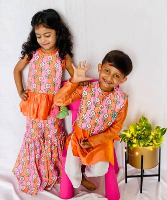 Flower Print Jacket with Kurta and Pajama 11