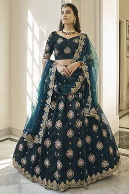 Blue embroidered organza semi stitched lehenga 1