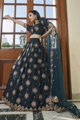 Blue embroidered organza semi stitched lehenga 3