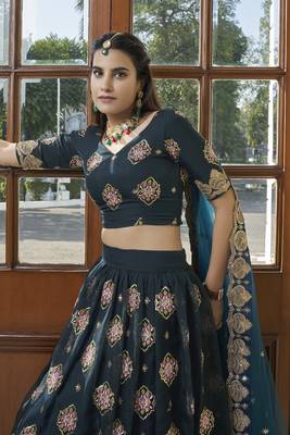 Blue embroidered organza semi stitched lehenga 4