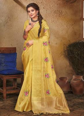 Yellow Organza Weaving Designer Saree 1