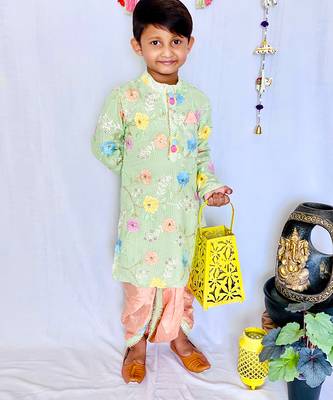 Green Embroidered Kurta with dark peach dhoti 1