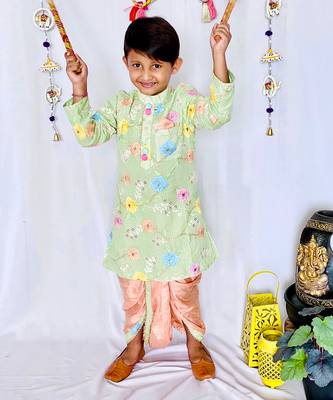 Green Embroidered Kurta with dark peach dhoti 2
