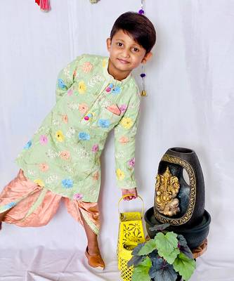 Green Embroidered Kurta with dark peach dhoti 3
