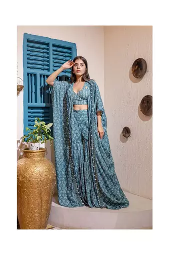 Printed Fusion Set With Cape In Blue