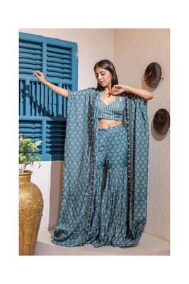 Printed Fusion Set With Cape In Blue 1