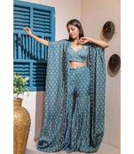 Printed Fusion Set With Cape In Blue