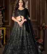 Black thread embroidery net semi stitched lehenga
