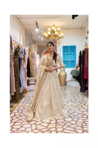 Forest Print Lehenga In Ivory