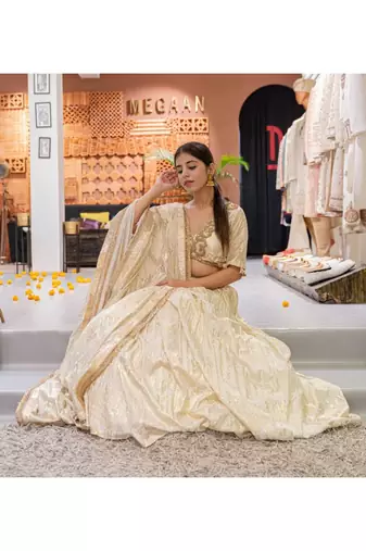 Forest Print Lehenga In Ivory