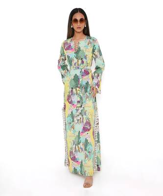 Yellow Kuno Print Art Crepe Long Beyza Kaftan 1