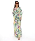 Yellow Kuno Print Art Crepe Long Beyza Kaftan