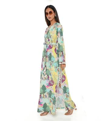 Yellow Kuno Print Art Crepe Long Beyza Kaftan 2