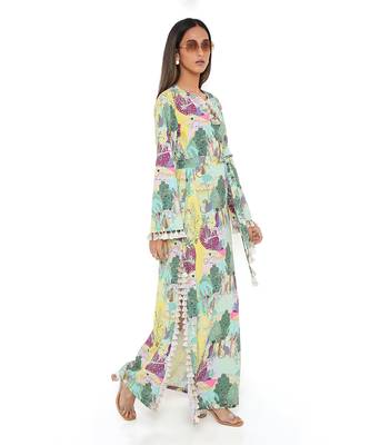 Yellow Kuno Print Art Crepe Long Beyza Kaftan 3