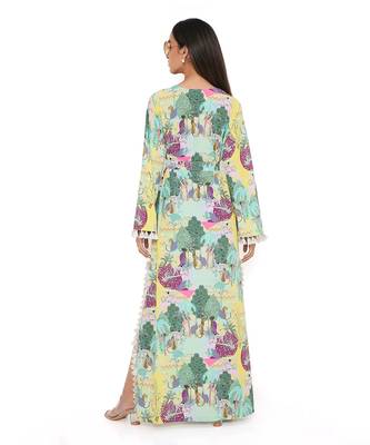 Yellow Kuno Print Art Crepe Long Beyza Kaftan 4