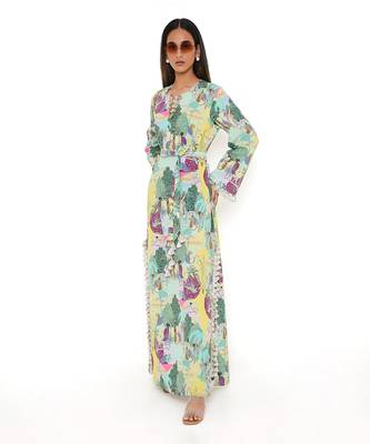 Yellow Kuno Print Art Crepe Long Beyza Kaftan 5