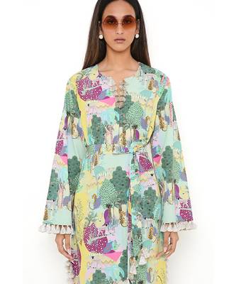 Yellow Kuno Print Art Crepe Long Beyza Kaftan 6