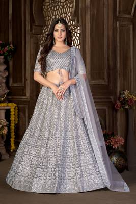Grey thread embroidery net semi stitched lehenga 1