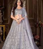 Grey thread embroidery net semi stitched lehenga