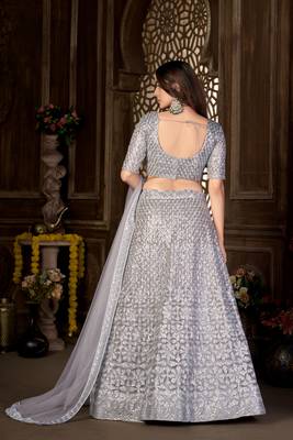 Grey thread embroidery net semi stitched lehenga 3