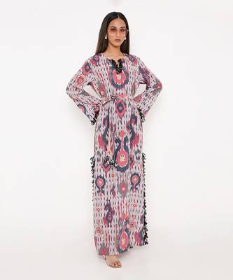 Red Ikat Tribe Print Art Crepe Long Beyza Kaftan 1