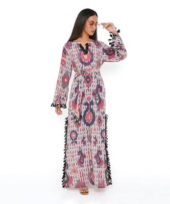 Red Ikat Tribe Print Art Crepe Long Beyza Kaftan 2