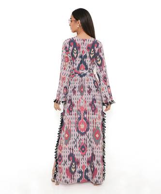 Red Ikat Tribe Print Art Crepe Long Beyza Kaftan 4