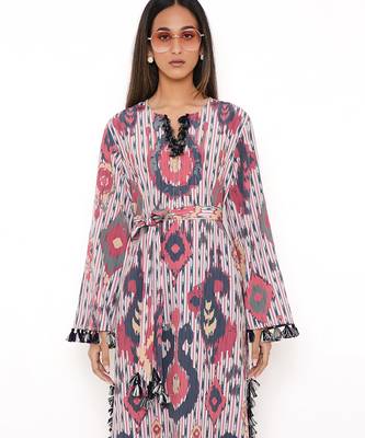 Red Ikat Tribe Print Art Crepe Long Beyza Kaftan 5