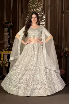 Cream thread embroidery net  lehenga