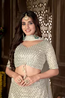 Cream thread embroidery net  lehenga