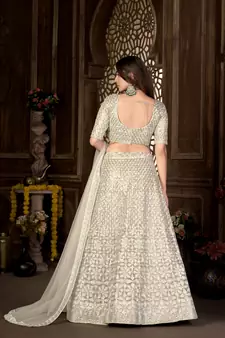 Cream thread embroidery net  lehenga