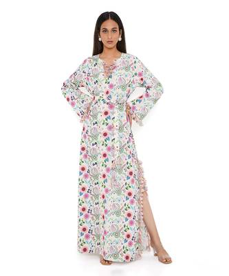 Cream Spring Floral Garden Print Art Crepe Long Beyza Kaftan 1