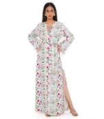 Cream Spring Floral Garden Print Art Crepe Long Beyza Kaftan
