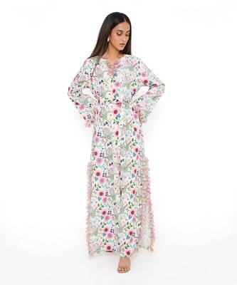 Cream Spring Floral Garden Print Art Crepe Long Beyza Kaftan 2