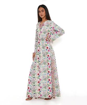 Cream Spring Floral Garden Print Art Crepe Long Beyza Kaftan 3