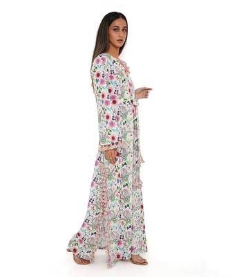 Cream Spring Floral Garden Print Art Crepe Long Beyza Kaftan 4