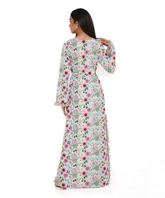 Cream Spring Floral Garden Print Art Crepe Long Beyza Kaftan 5