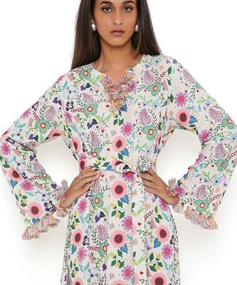 Cream Spring Floral Garden Print Art Crepe Long Beyza Kaftan 6