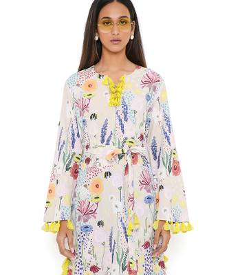 Stone Bee Garden Print Art Crepe Long Beyza Kaftan 5