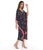 Navy Spring Print Art Crepe Kaftan With Tassels